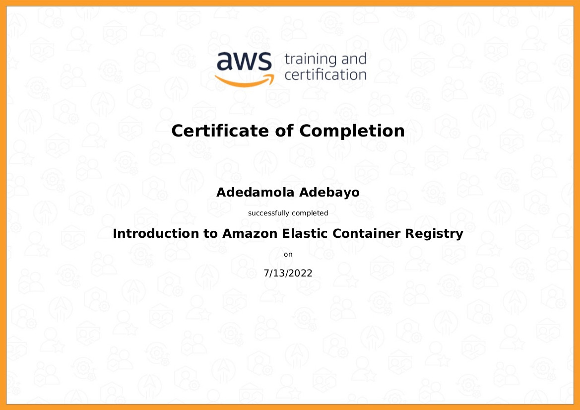 An AWS Intro to ECR Training Certificate