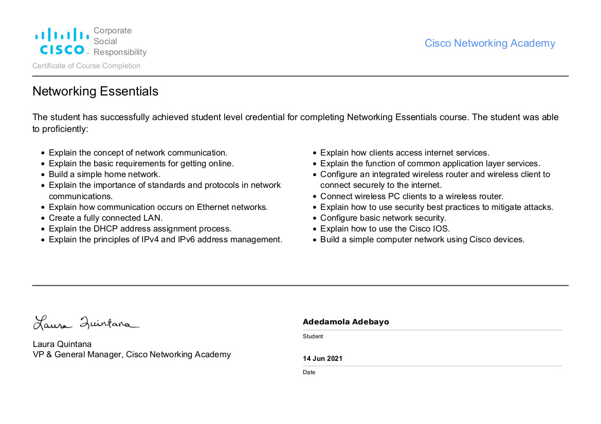 A Cisco Networking Academy Networking Essentials Certificate