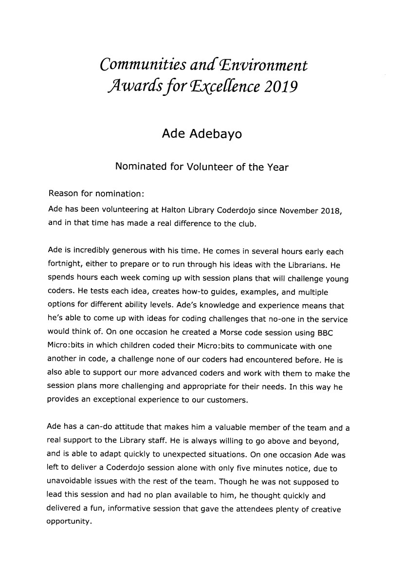 A Leeds City Council Volunteer Award Nomination Reason Document